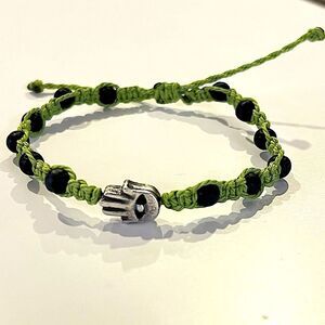 Silver Hamsa & Black Lava Bead Macrame Handmade Adjustable Bead Bracelet Unisex